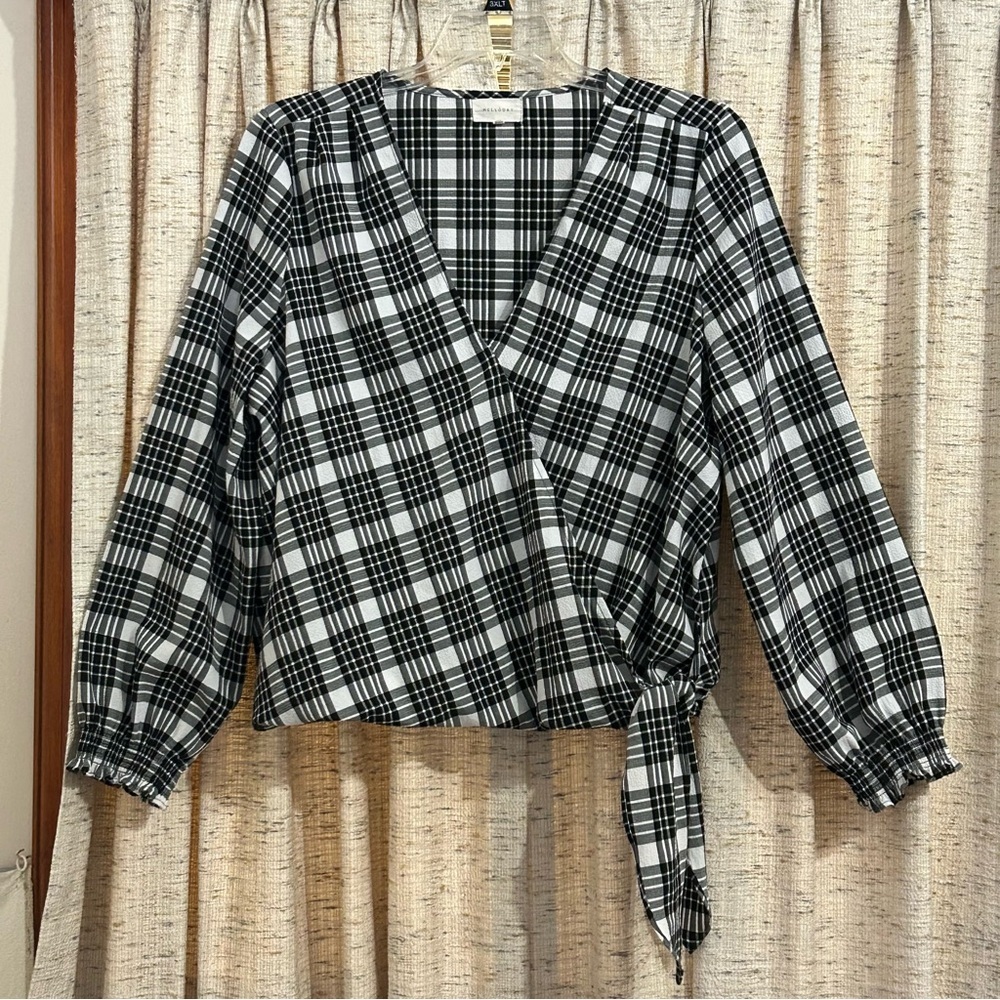 Melloday Faux Wrap Plaid Blouse - XXL